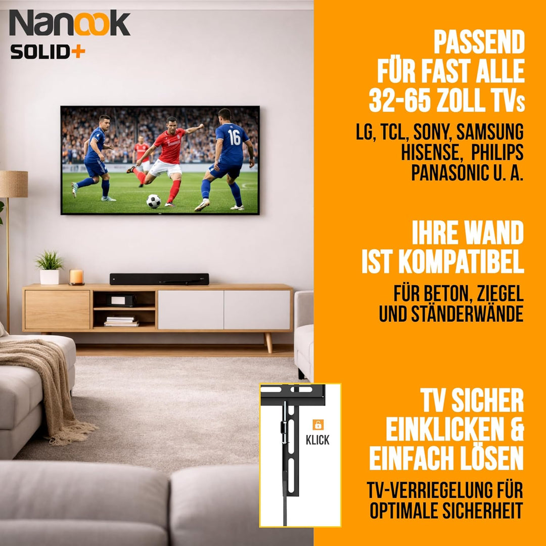 Nanook SOLID+ Ultraflache Stabile Feste TV-Wandhalterung für 32-65 Zoll | Nur 20 mm Wandabstand | Un