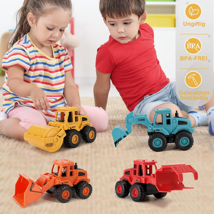 EOGRFW 4 Stück Baufahrzeuge Spielzeug,Bagger Spielzeug Auto Spielzeugautos Set,Baustellen Fahrzeuge