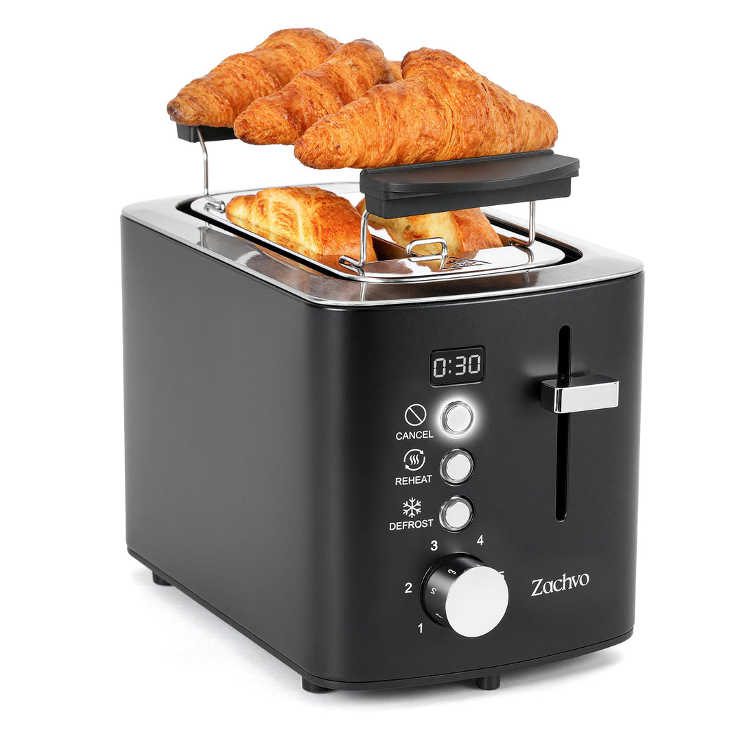 Edelstahl 2 Scheiben Toaster mit LED-Countdown & Brötchenaufsatz, extra breite 3,5 cm Schlitze für T
