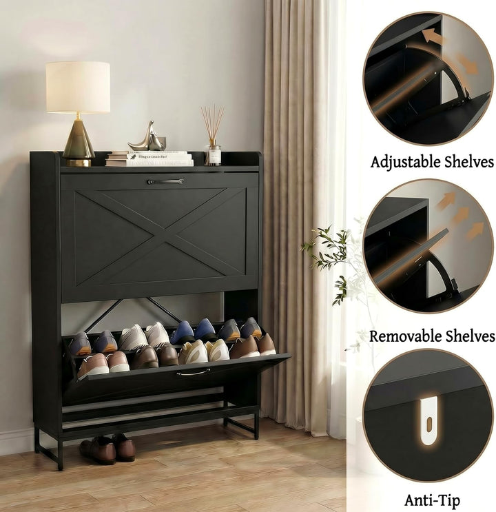 VOWNER schmal Schuhschrank 2 Klappen, verstellbar Schuhregal Schuhkipper, platzsparend Schuhablage f