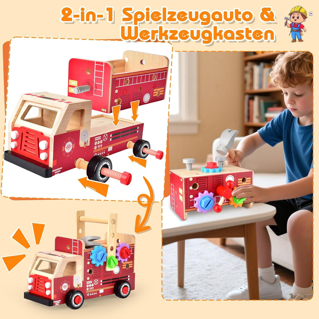 Werkzeugkoffer Kinder Werkbank, 2 in 1 Feuerwehrfahrzeug aus Holz und Werkzeug Kinder, Montessori Ho
