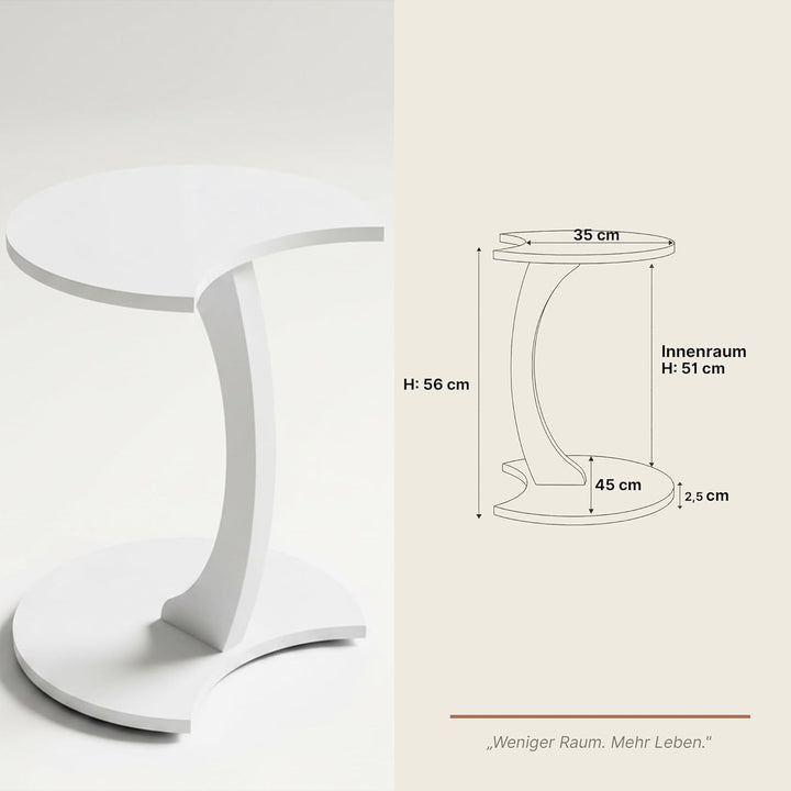 Beistelltisch C-Form Mond, Weiss, Sofatisch mit Rollen, Couchtisch Laptoptisch Couch, 56 x 45 x 35 c