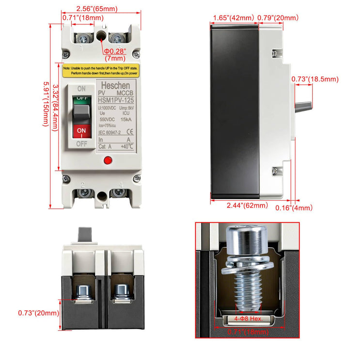 Heschen DC-Leistungsschalter MCCB, 2-polig, DC550V, Photovoltaik-Leistungsschalter, für PV-Solaranla