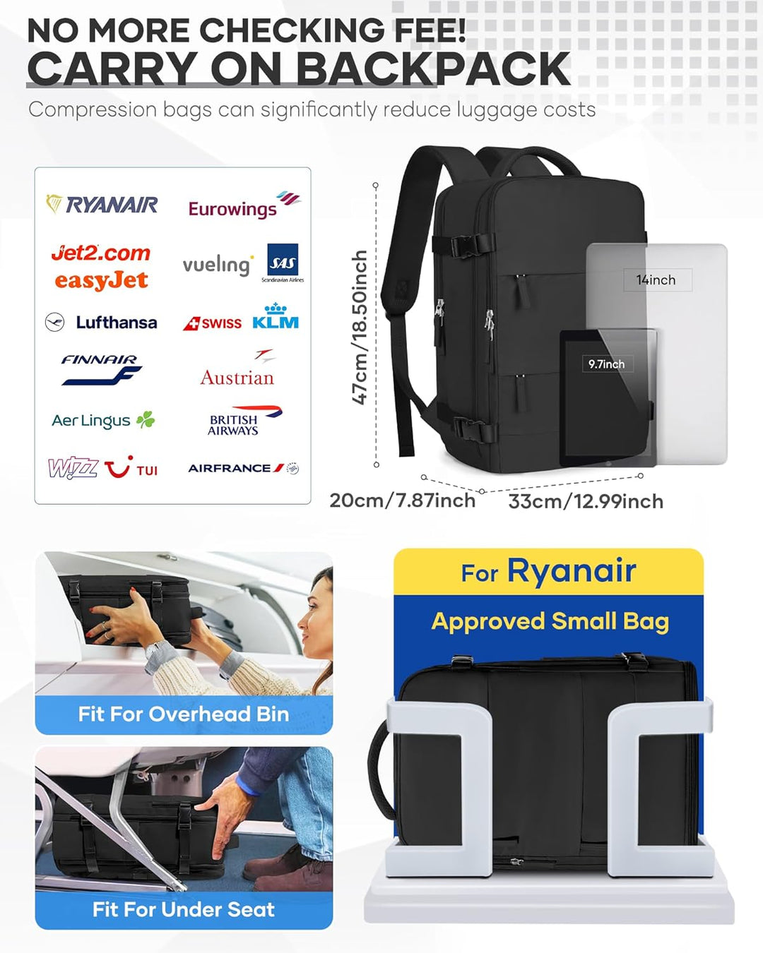 SZSYCN Handgepäck Rucksack 40x20x25 Ryanair Reiserucksack Damen Handgepäck flugzeug Easyjet 45x36x20