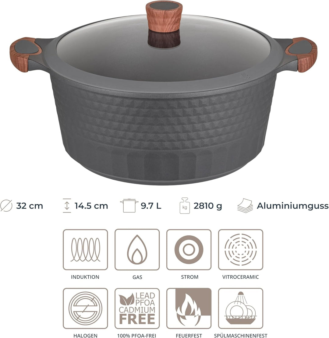 RESTO Kochtopf Schmortopf 9,7L mit Deckel 32cm, H=14,5cm | Antihaftbeschichtung | im Geschenkkarton