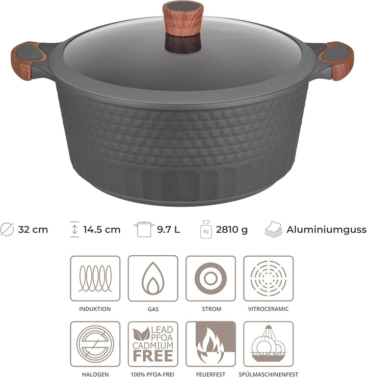 RESTO Kochtopf Schmortopf 9,7L mit Deckel 32cm, H=14,5cm | Antihaftbeschichtung | im Geschenkkarton
