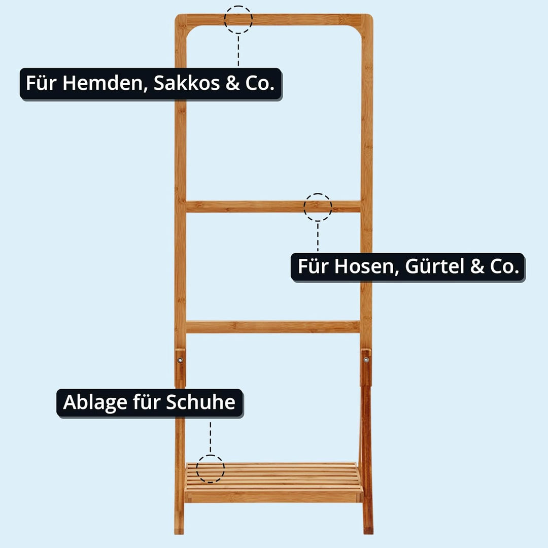 KHG Herrendiener aus Bambus Echtholz für Kleidung, Sackohalter mit Hosenbügel sowie Schuhablage, Stu