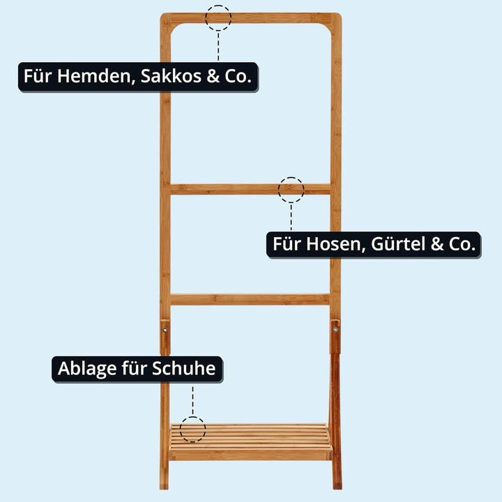 KHG Herrendiener aus Bambus Echtholz für Kleidung, Sackohalter mit Hosenbügel sowie Schuhablage, Stu