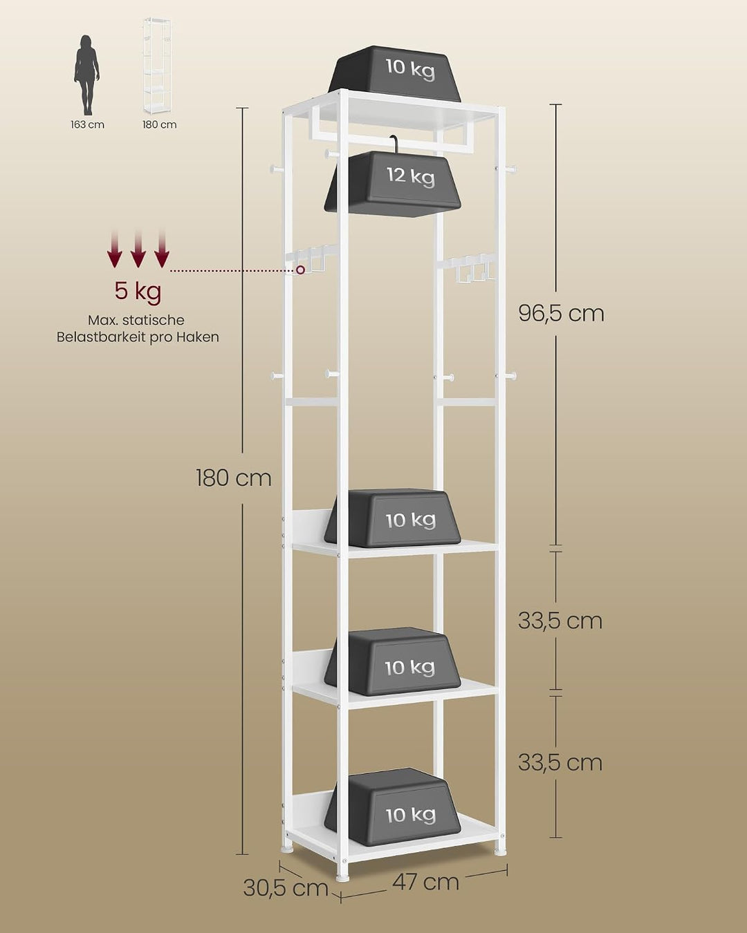 VASAGLE Kleiderständer, Garderobenständer mit Kleiderstange und Haken, Garderobe mit Ablagen, Stahlr