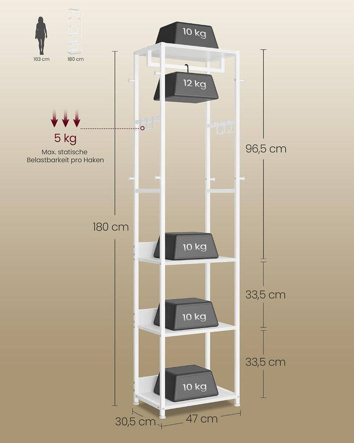 VASAGLE Kleiderständer, Garderobenständer mit Kleiderstange und Haken, Garderobe mit Ablagen, Stahlr