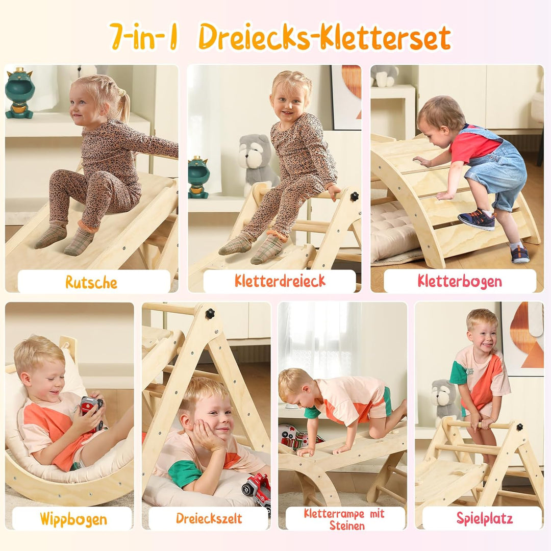 7-in-1 Montessori Kletterdreieck Set mit Rutsche, Kletterbogen & weichem Kissen – Holz Klettergerüst