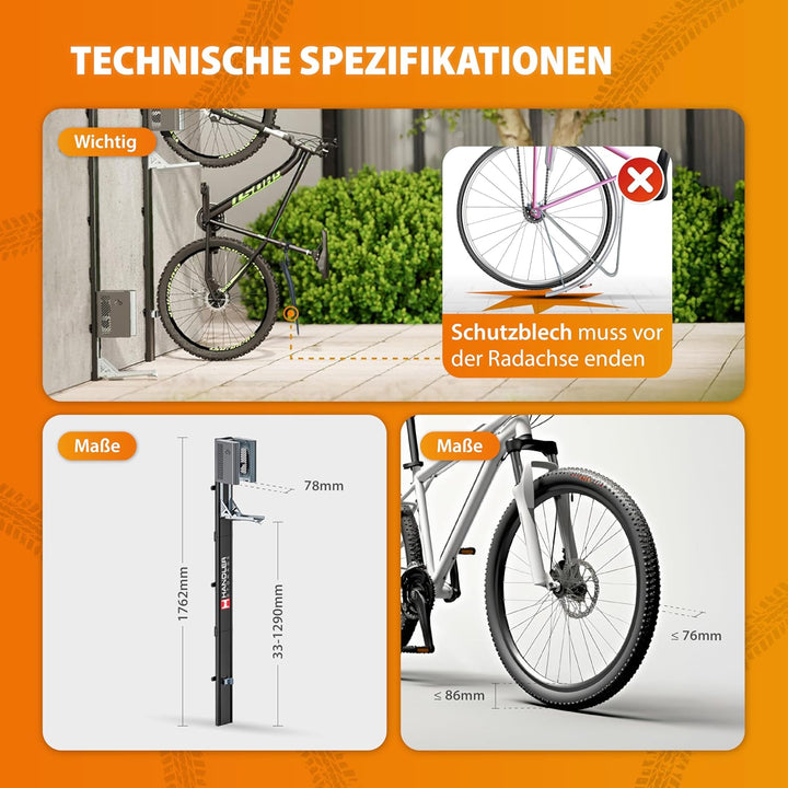 HANDLER Storage Fahrradlift, Vertikale Wandhalterung in grau für E-Bikes &amp; Fahrräder bis 32kg, Platz