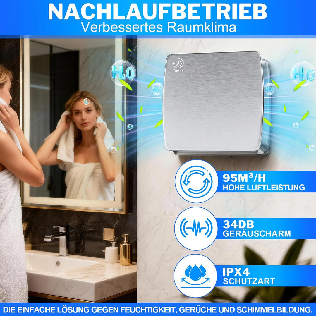 Badlüfter 100mm mit Nachlauf, ≤34db Leiser und Leistungsstarker Abluftventilator, 12W 2400U/m IPX4 W