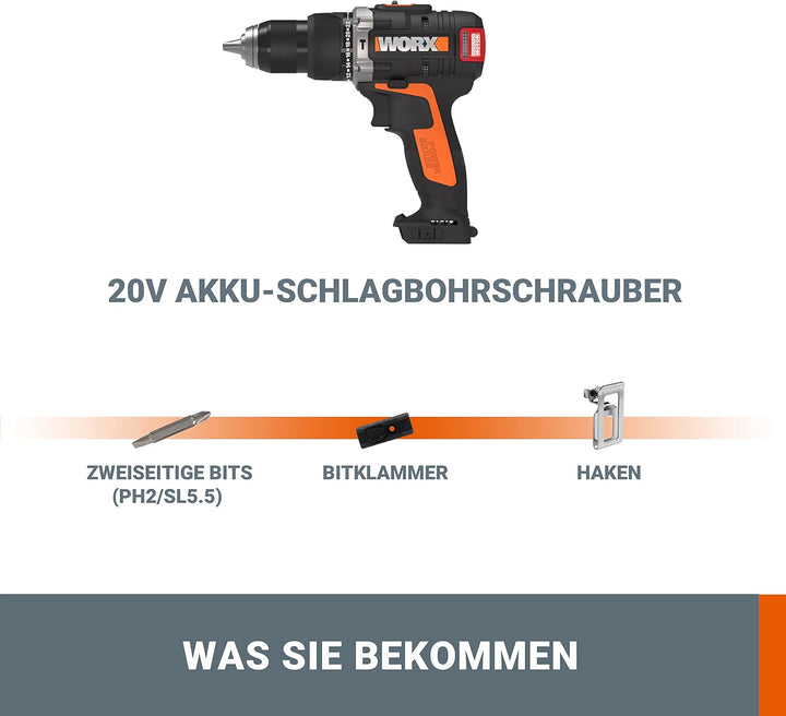 WORX WX373.9 Akku Schlagbohrschrauber – Bürstenloser Akkuschrauber 20V - 60Nm, 2-Gang-Getriebe &amp; LED