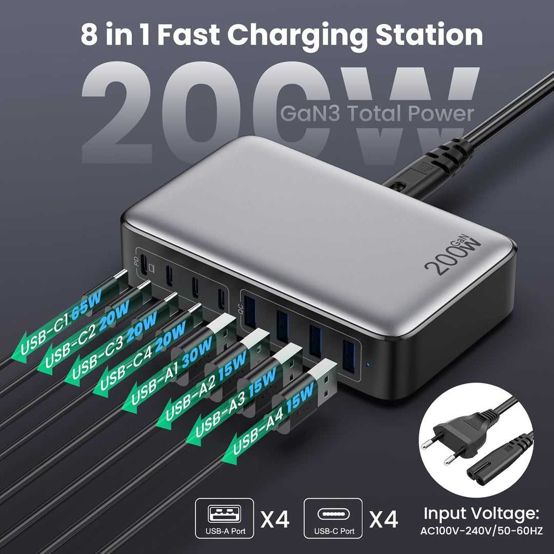 Feob 200W USB C Ladegerät Mehrfach, GaN III 8-Port Schnellladegerät PPS PD 65W Ladegerät Adapter Sch