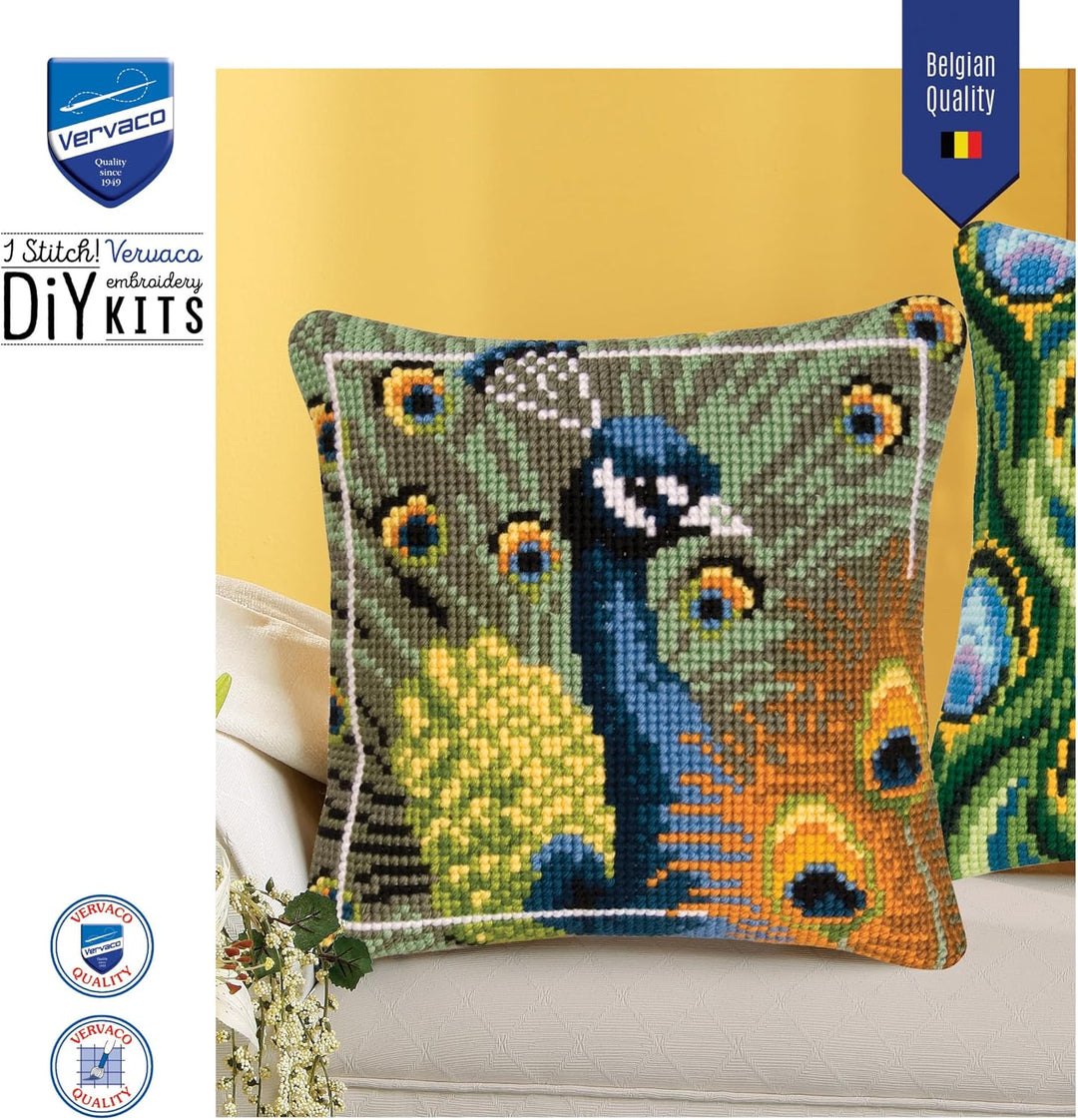 Vervaco stolze Pfau Kreuzstichkissen/Stickkissen vorgedruckt, Baumwolle, Mehrfarbig, 40 x 40 x 0.3 c