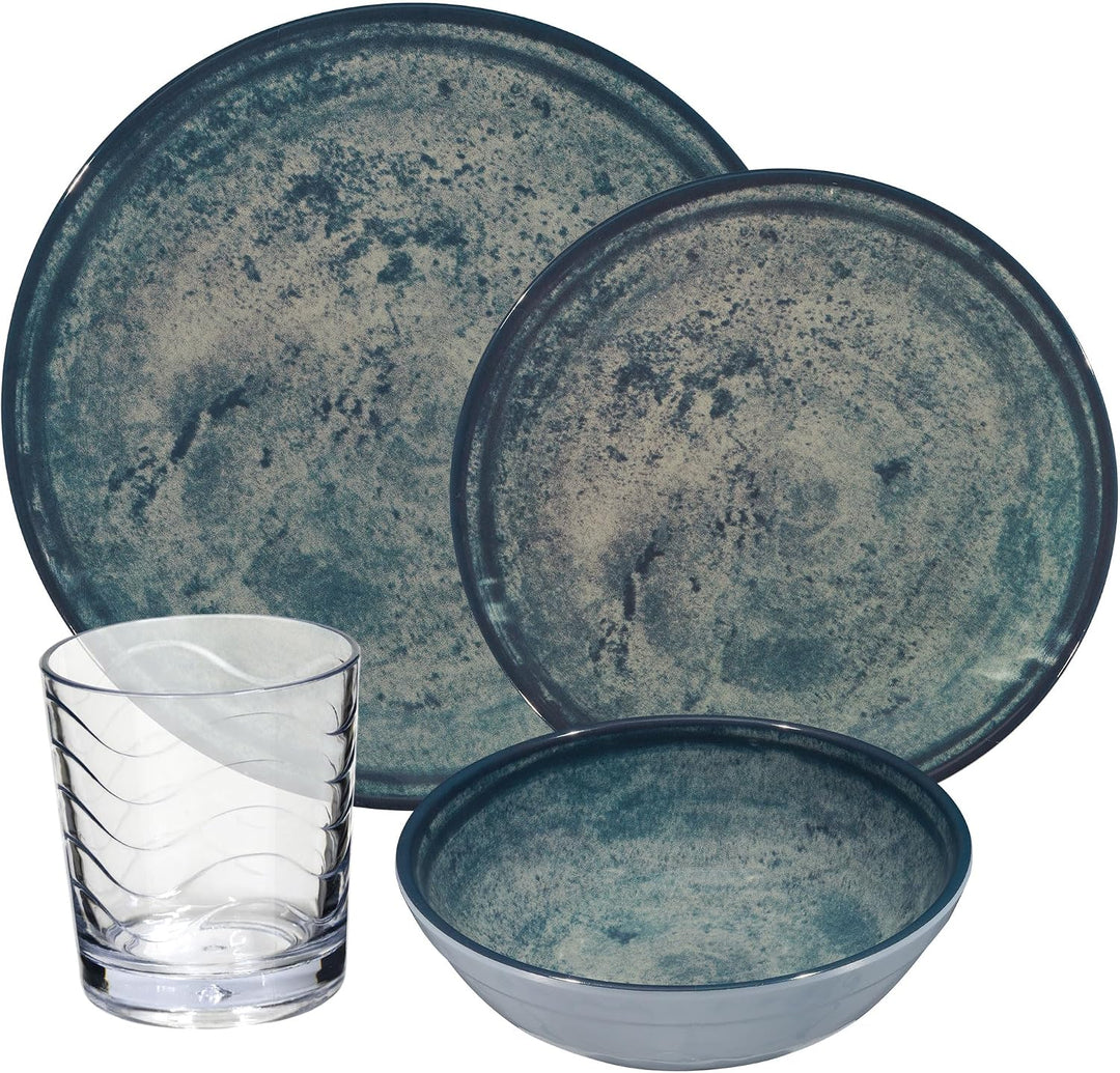 Melamin Geschirr Set Mondgranit Blau-Grau für 2 Personen Camping Picknick 8 Teile - Trinkglas 250ml