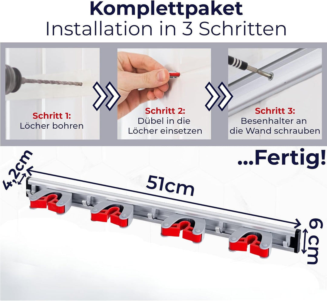 Generisch 2 Stück Besenhalter Wand Aluminium – 4 Halter & 5 Haken – grosser Gerätehalter rostfrei &