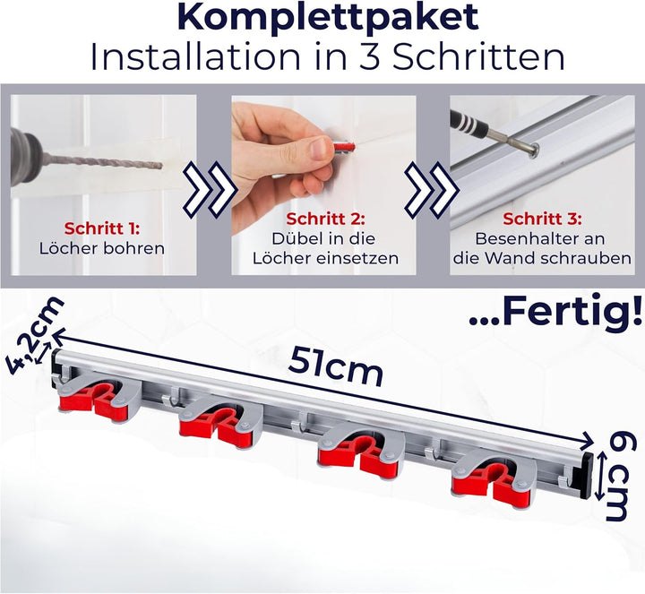 Generisch 2 Stück Besenhalter Wand Aluminium – 4 Halter & 5 Haken – grosser Gerätehalter rostfrei &