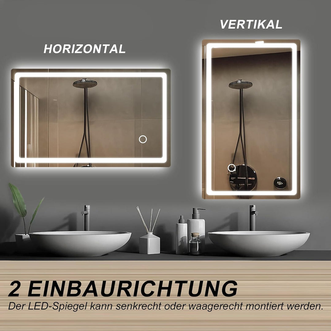 LED Badspiegel mit Beleuchtung 40x60cm, Badezimmerspiegel mit Stecker, Kaltweiss 6000K Wandspiegel f
