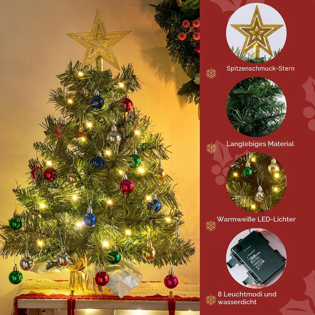 JOIEDOMI Kleiner Weihnachtsbaum mit Lichtern, 61 cm, Tisch-Weihnachtsbaum mit Sternen-Baumspitze und