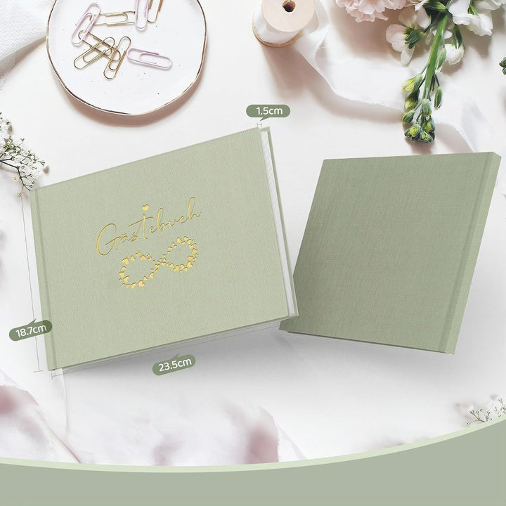 Hyggartn Gästebuch Grün mit Goldprägung, 100 Seiten Blanko – Edles Erinnerungsbuch für Hochzeit, Geb