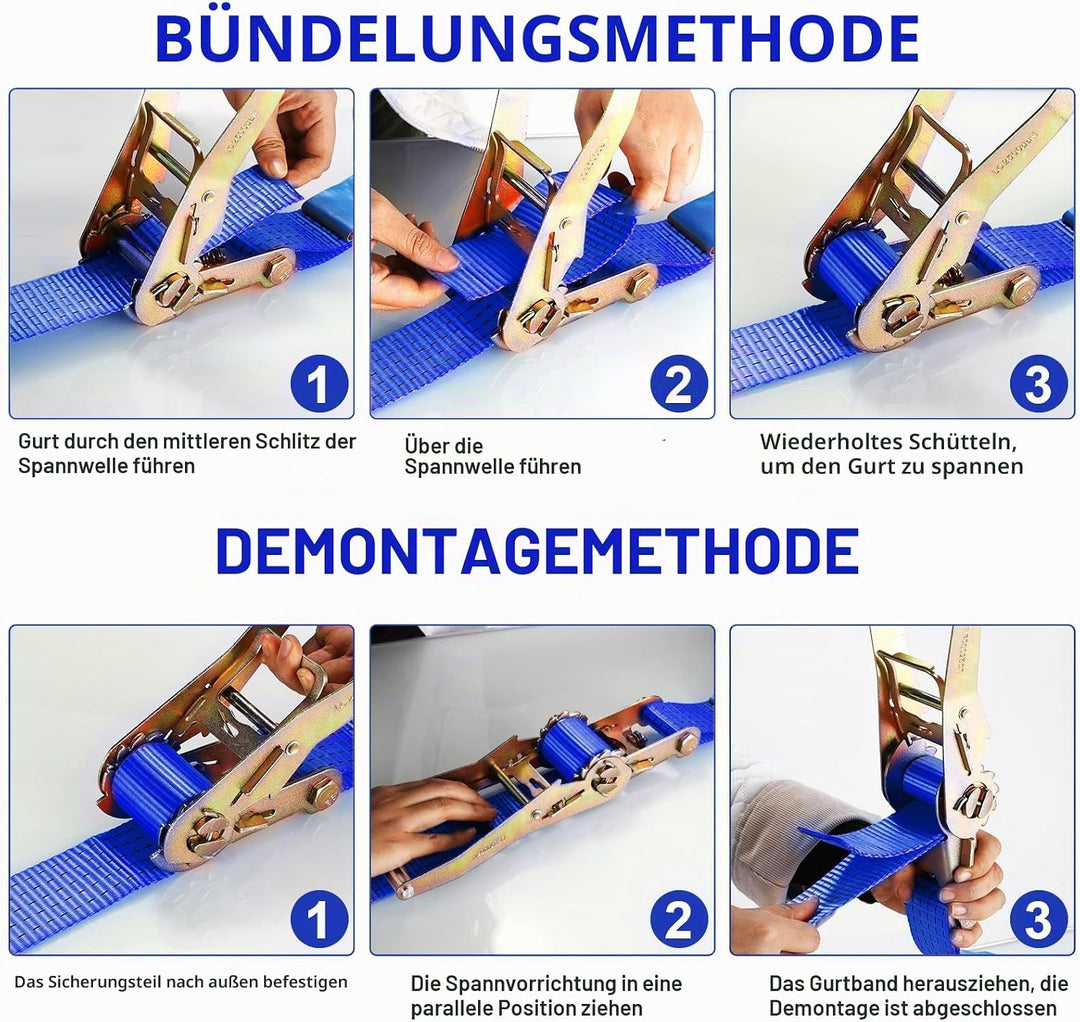 Schwerlast 5000kg Spanngurte mit Ratsche und Haken,4 Stück Spanngurt 9m,Zurrgurte,50mm breit,Ratsche