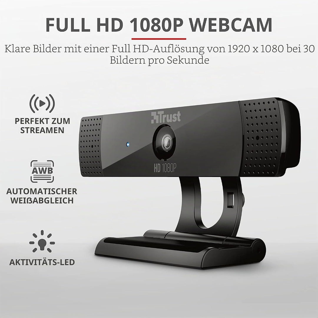 Trust Gaming GXT 1160 Vero Webcam Full HD 1080p 30 FPS Mit Mikrofon Für PC, Videokamera Für Videoanr