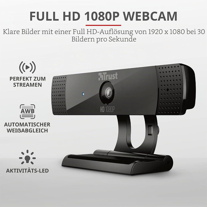 Trust Gaming GXT 1160 Vero Webcam Full HD 1080p 30 FPS Mit Mikrofon Für PC, Videokamera Für Videoanr
