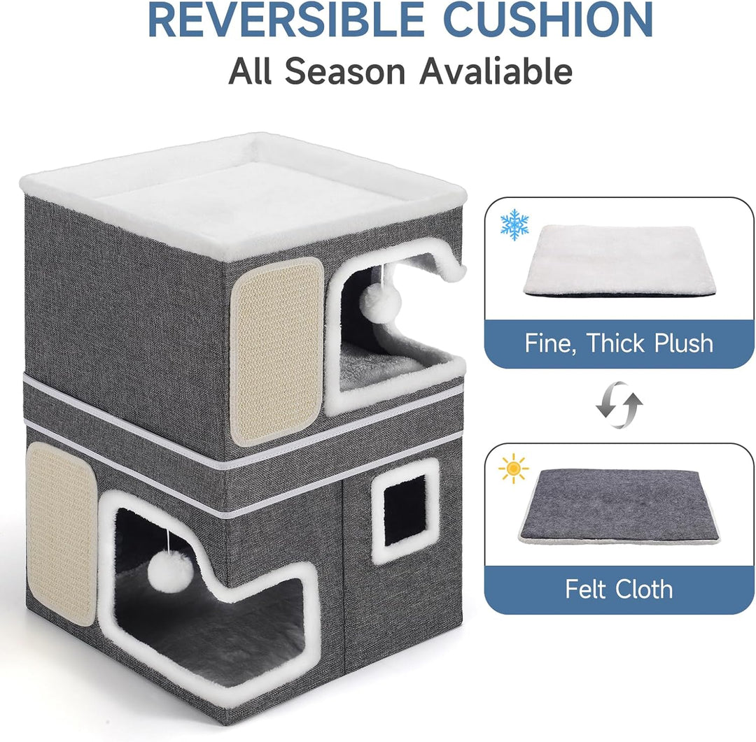 3 Schicht Katzenhöhle, Faltbare Katzenhaus für Grosse Katzen, 40L*40B*63H cm, Indoor Katzenwürfel, A
