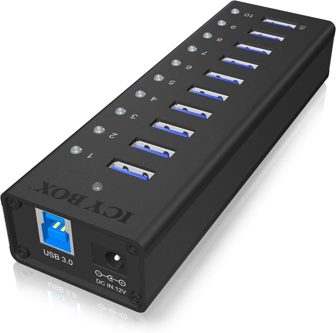 ICY BOX IB-AC6110 10-fach USB 3.0 Hub mit Netzteil (12V/4A), Ladeport, Voll-Aluminium, Klettbefestig