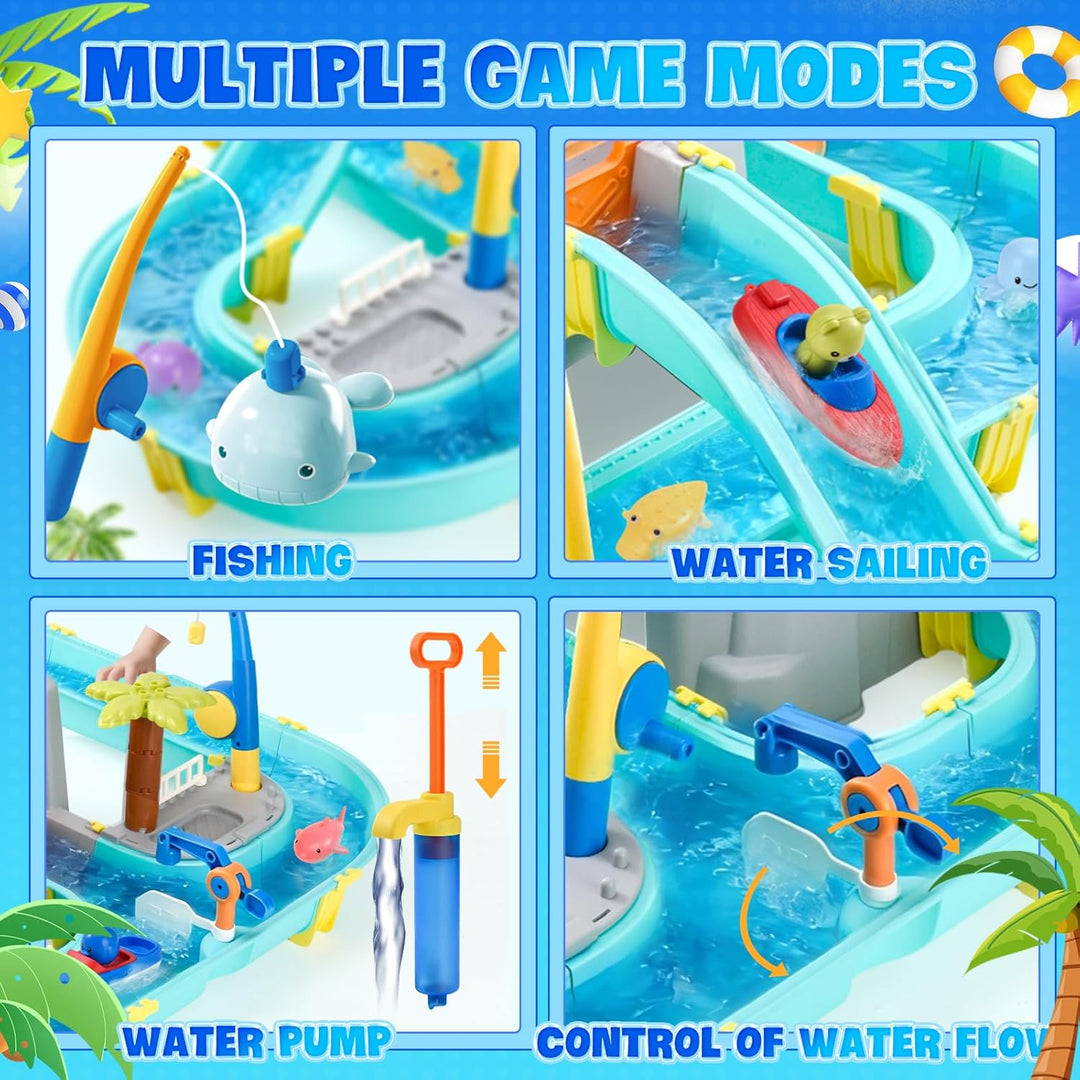 Wasserspielzeug mit Wasserbahn, 80 Teile Wasserbahn Kinder Draussen - Wassertisch Kinder mit Booten,