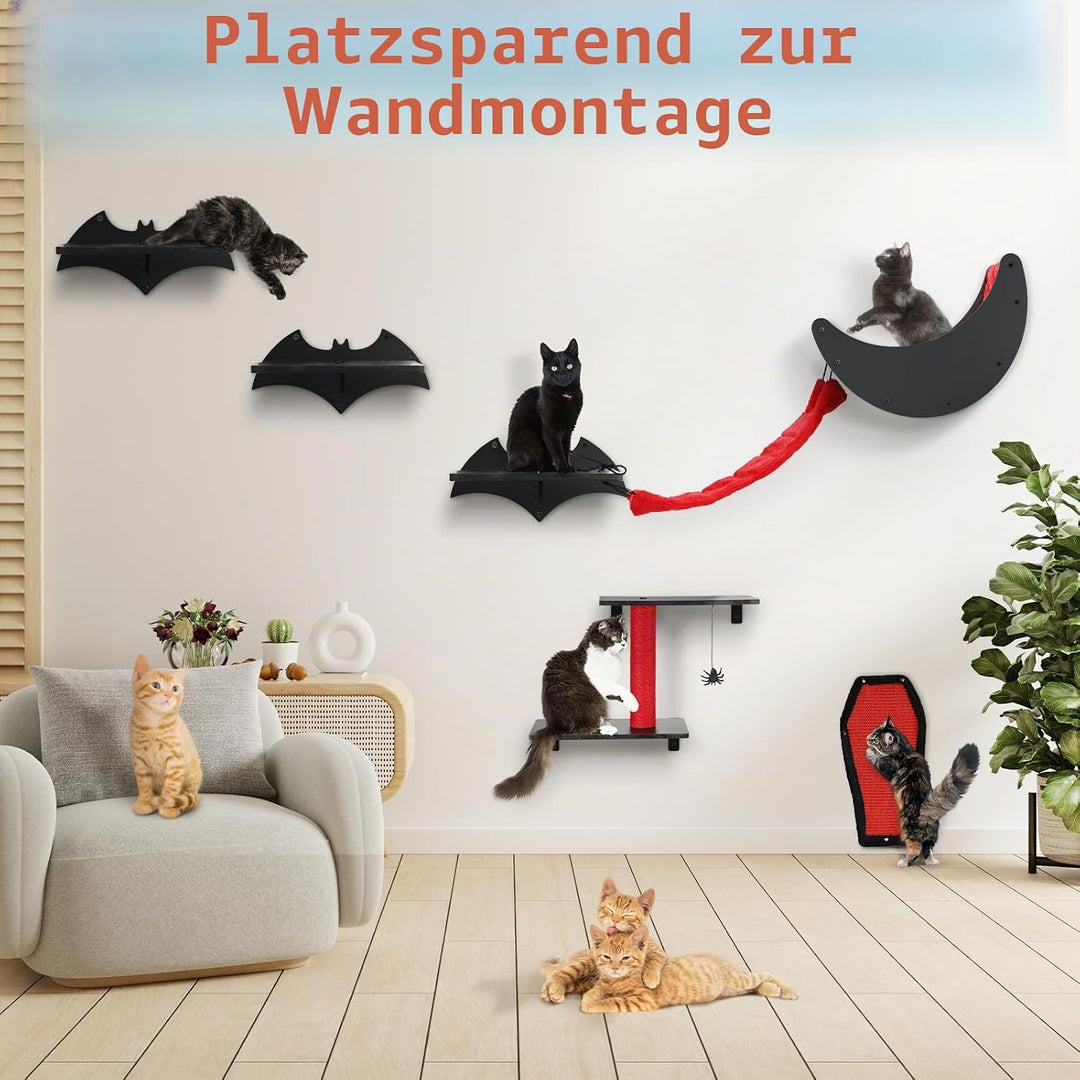 Gothic Katzen Wandregal Set, 7-teilig – Wandmontierter Kletterbaum für Katzen mit Brücke, Leiter, St
