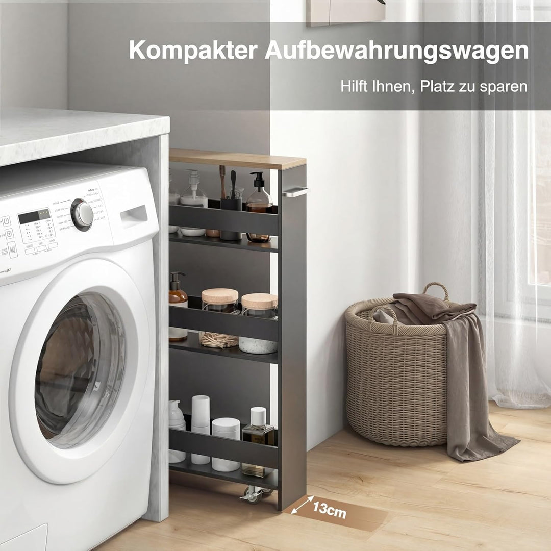COSTWAY Nischenwagen 13cm breit, 4 Etagen Küchenwagen schmal, Nischenregal auf Rollen, Servierwagen