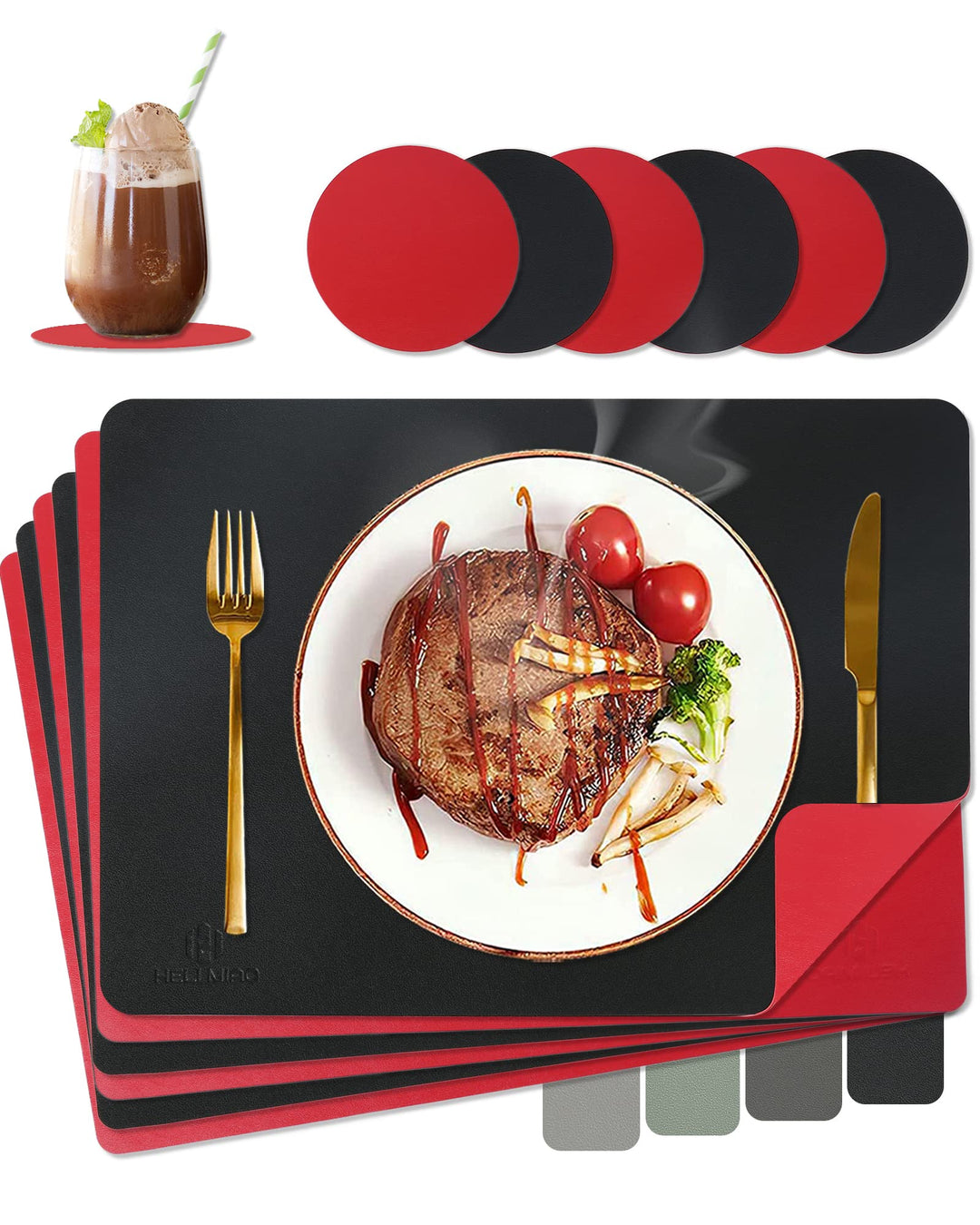 Tischsets Abwaschbar,Platzsets Abwischbar,Tischset Leder,Hitzebeständig Zweifarbig I 6er Set Platzde