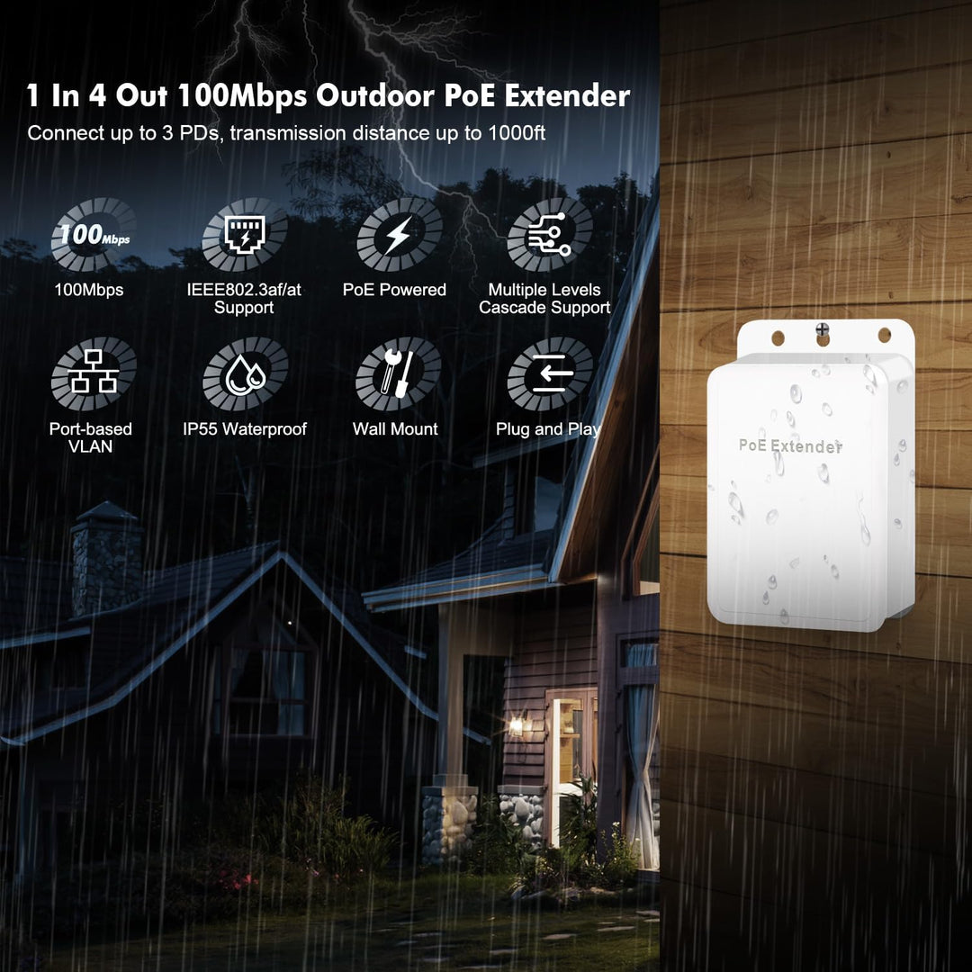 Outdoor PoE Passthrough Switch, 1 PoE in 4 PoE Out Extender, IEEE802.3af/at/bt PoE Powered 90W, 100M