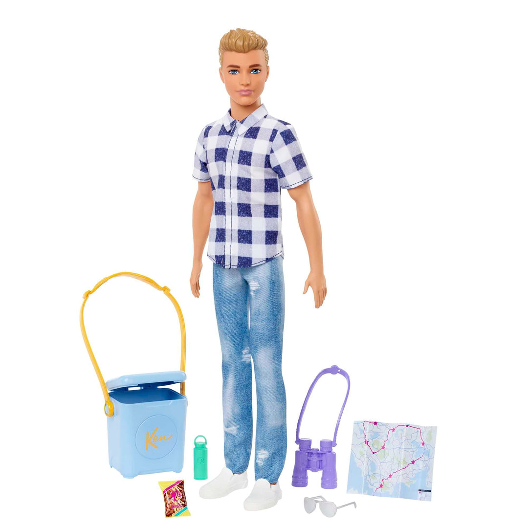 Barbie Camping Serie, Ken Puppe mit braunen Haaren, Landkarte, Fernglas, Camping Zubehör, Aufkleber,