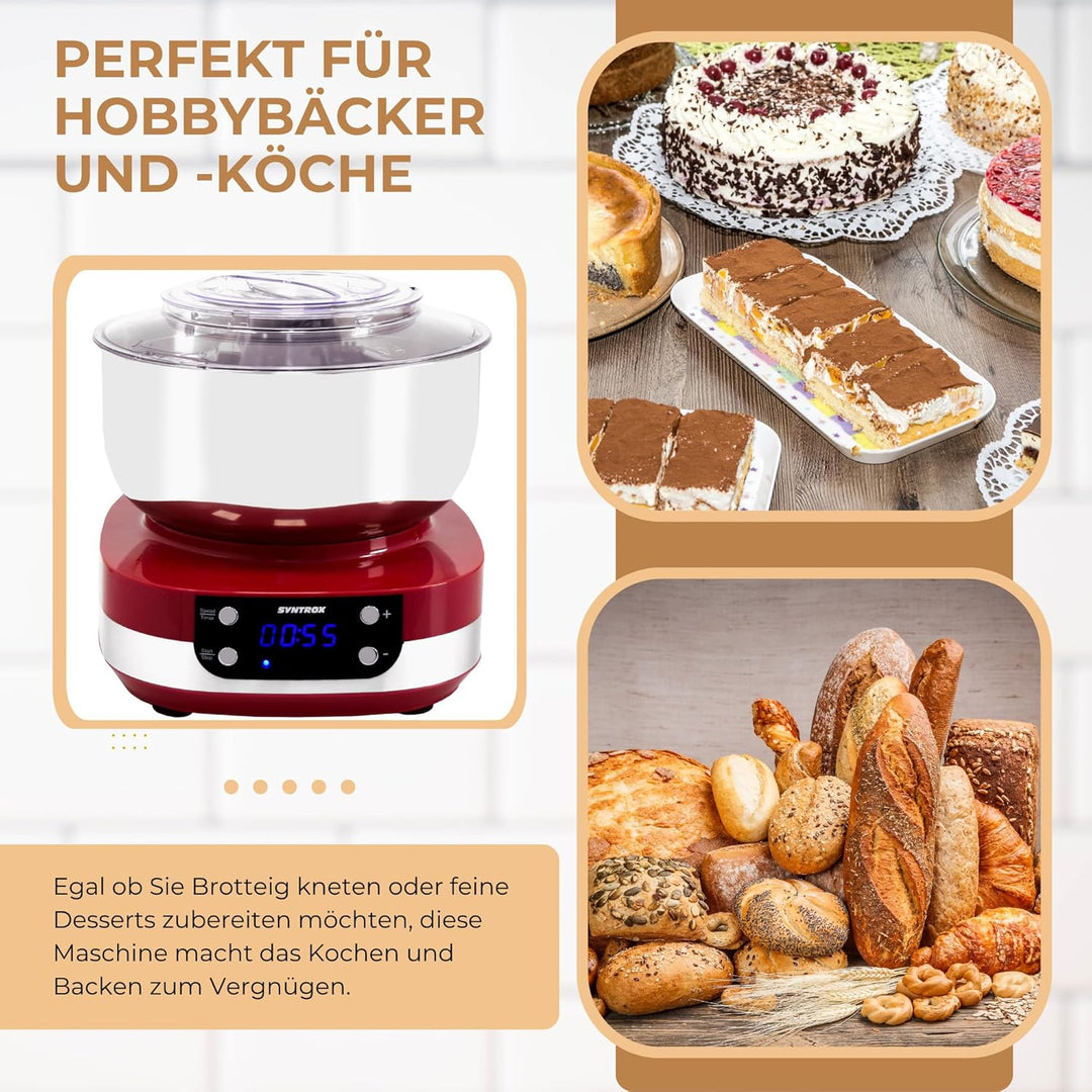 Syntrox Küchenmaschine & Knetmaschine Zaurak 5 Liter, Multifunktionale Aufsätze, Küchenmaschine mit