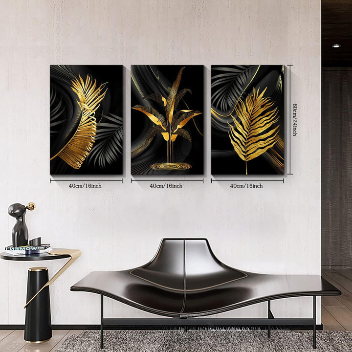 3 Teilig Goldenes Blatt Leinwandbilder Bilder Abstrakt Palmblatt Farn botanisch Blätter bild auf lei