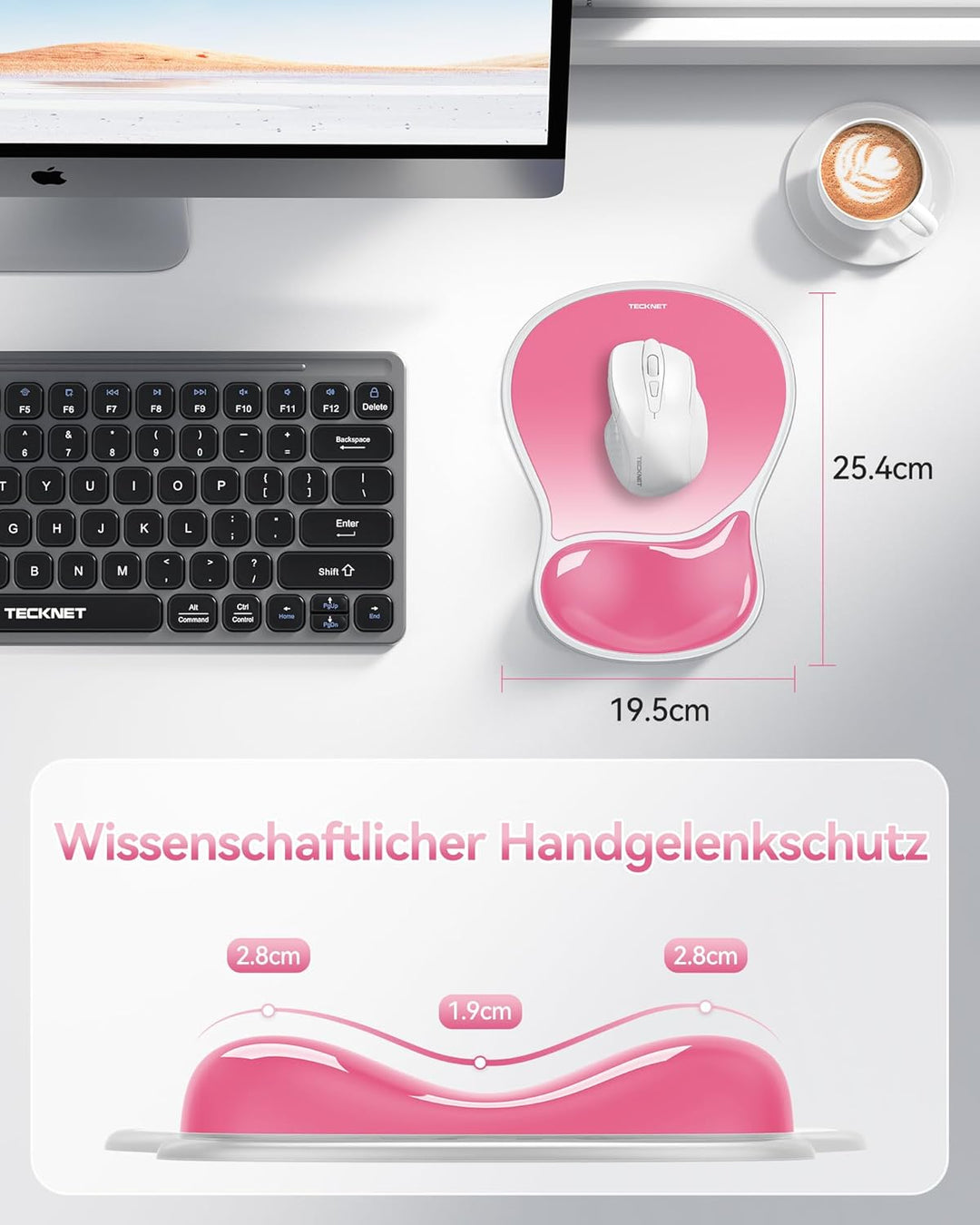 TECKNET Mauspad mit Gel-Handgelenkauflage, Ergonomische Tropfenförmige Vertiefung, Passt & Weich, Wa
