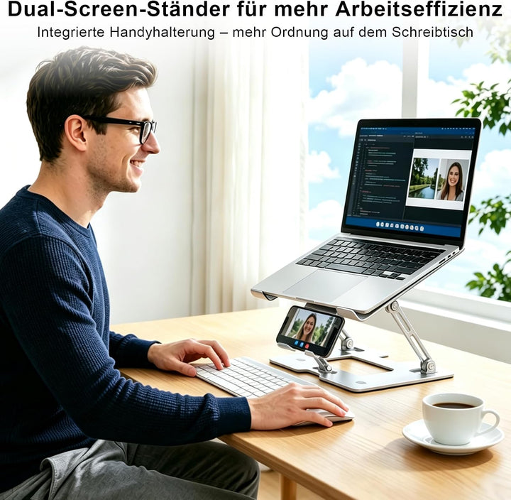 Laptop Ständer Höhenverstellbar mit integriertem Handyhalter platzsparend klappbar ergonomische Lapt