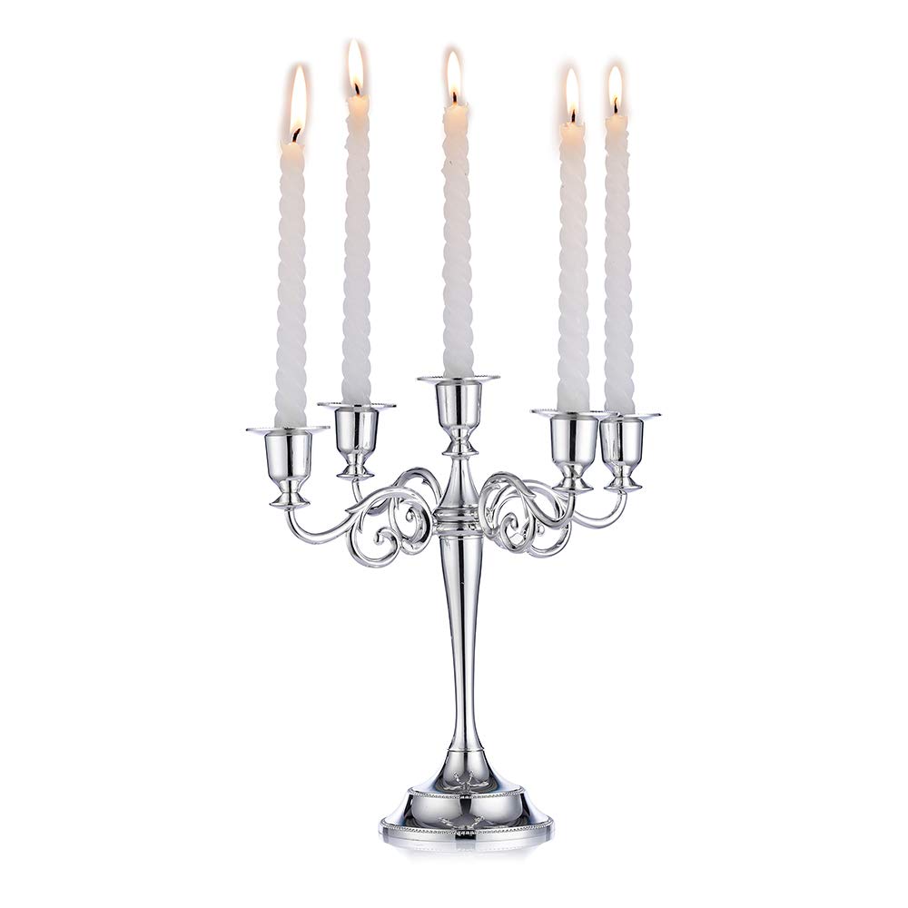 Nuptio Silberner Kandelaber Kerzenhalter 5-Armiger 27cm Hoher Kerzenständer für Spitzkerzen für Hoch