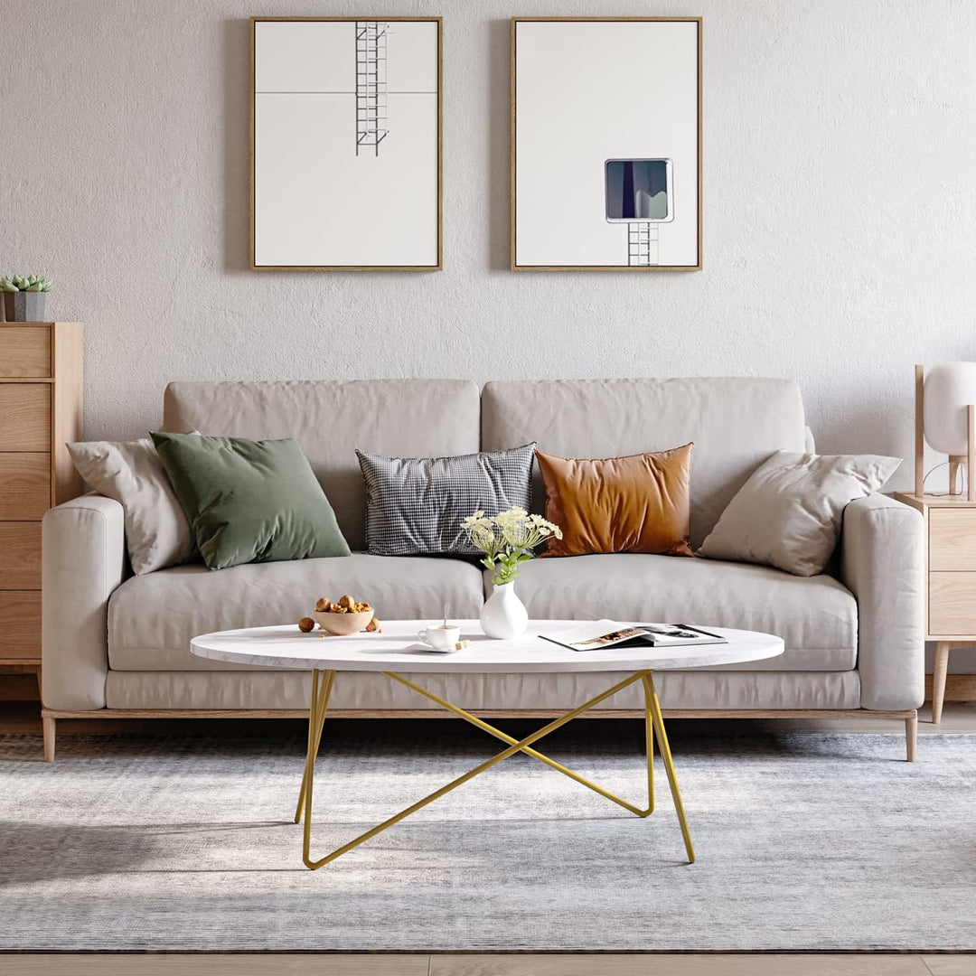 FirFurd Couchtisch Marmor Optik Beistelltisch Gold Sofatisch Oval Kaffeetisch für Wohnzimmer Schlafz