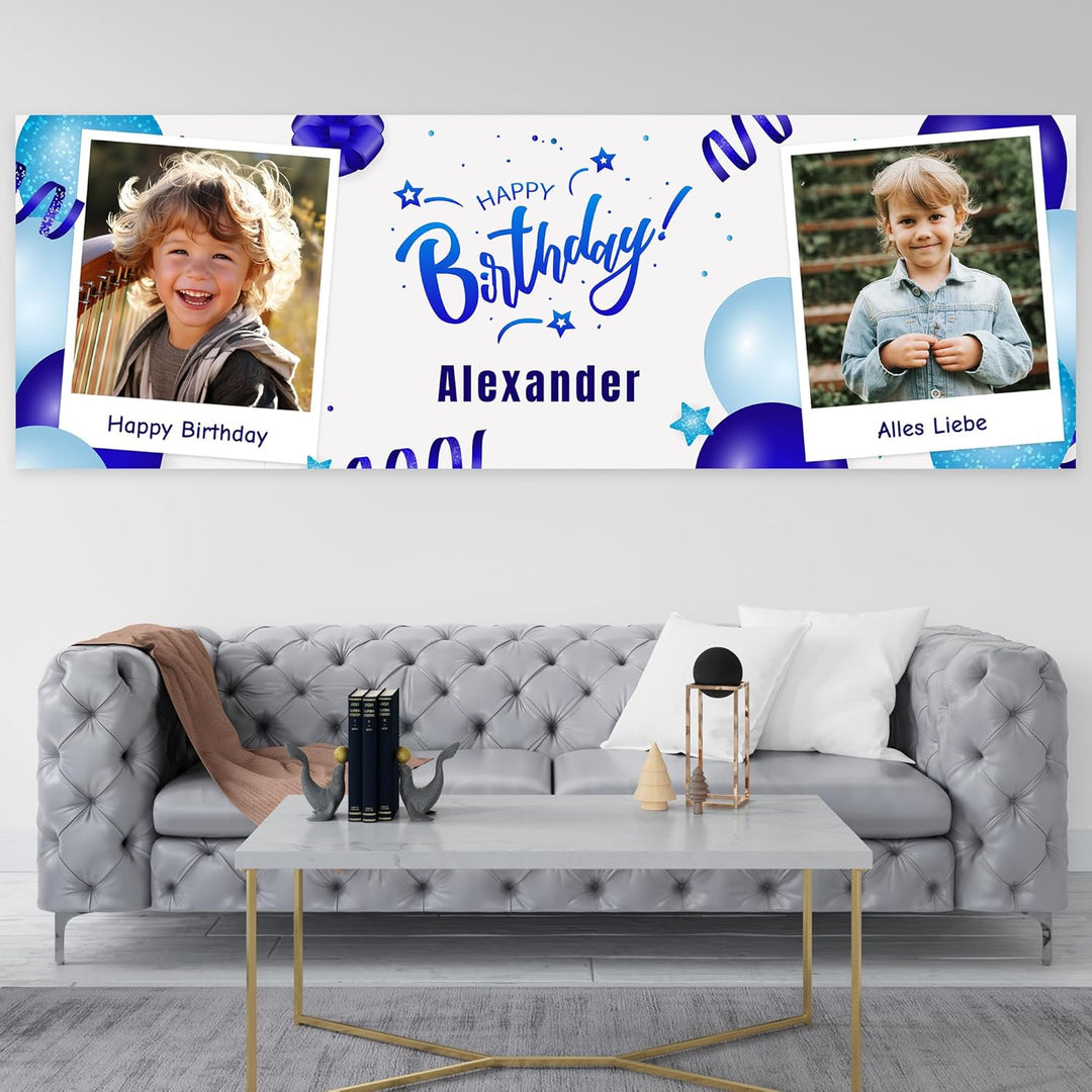 Geburtstagsbanner Personalisiert mit 2 Fotos Text | Happy Birthday Girlande XL Grössen | Geburtstags