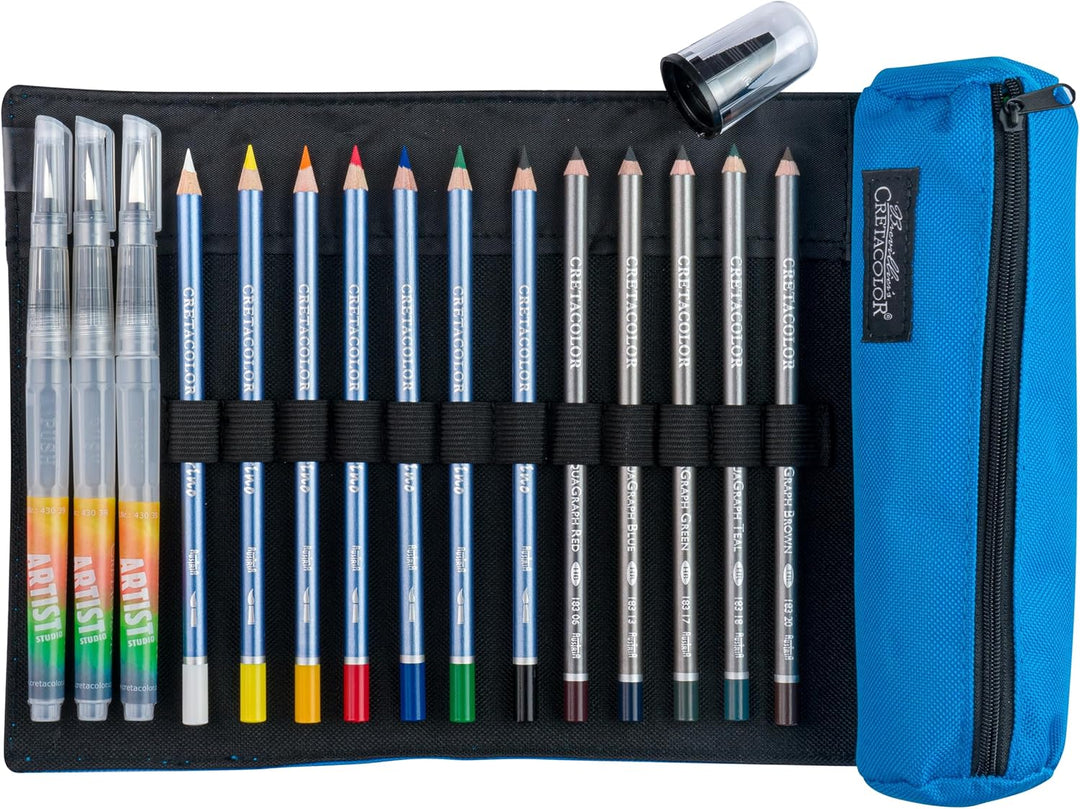 CRETACOLOR Rolletui „Aqua Set“ 25-tlg – Aquarellstifte & AquaGraph im Künstleretui – Wasservermalbar