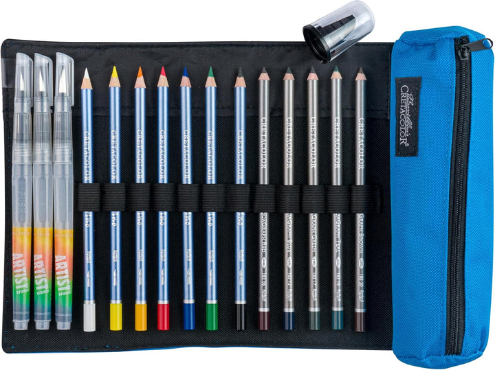 CRETACOLOR Rolletui „Aqua Set“ 25-tlg – Aquarellstifte & AquaGraph im Künstleretui – Wasservermalbar