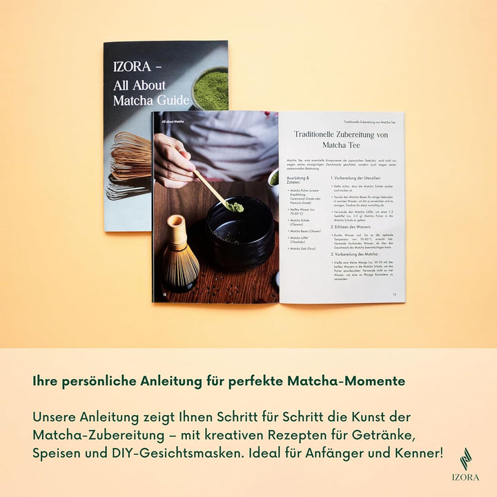 Izora Premium Matcha Set – handgefertigtes Zubehör aus Keramik & Bambus, inkl. Edelstahl-Sieb, Rezep