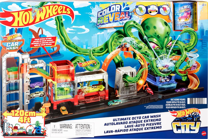 Hot Wheels HBY96 - City Color Reveal Ultimative Auto-Waschanlage Spielset mit Wassertanks und 1 Farb
