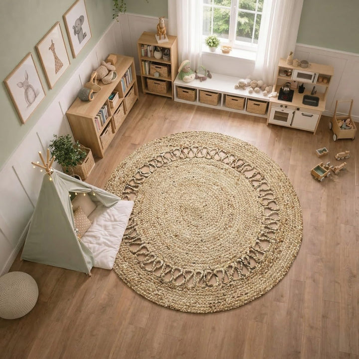 The Deco Factory Funny Jute – Teppich, rund, Jute, Wellenform, Natur, Durchmesser 120 cm