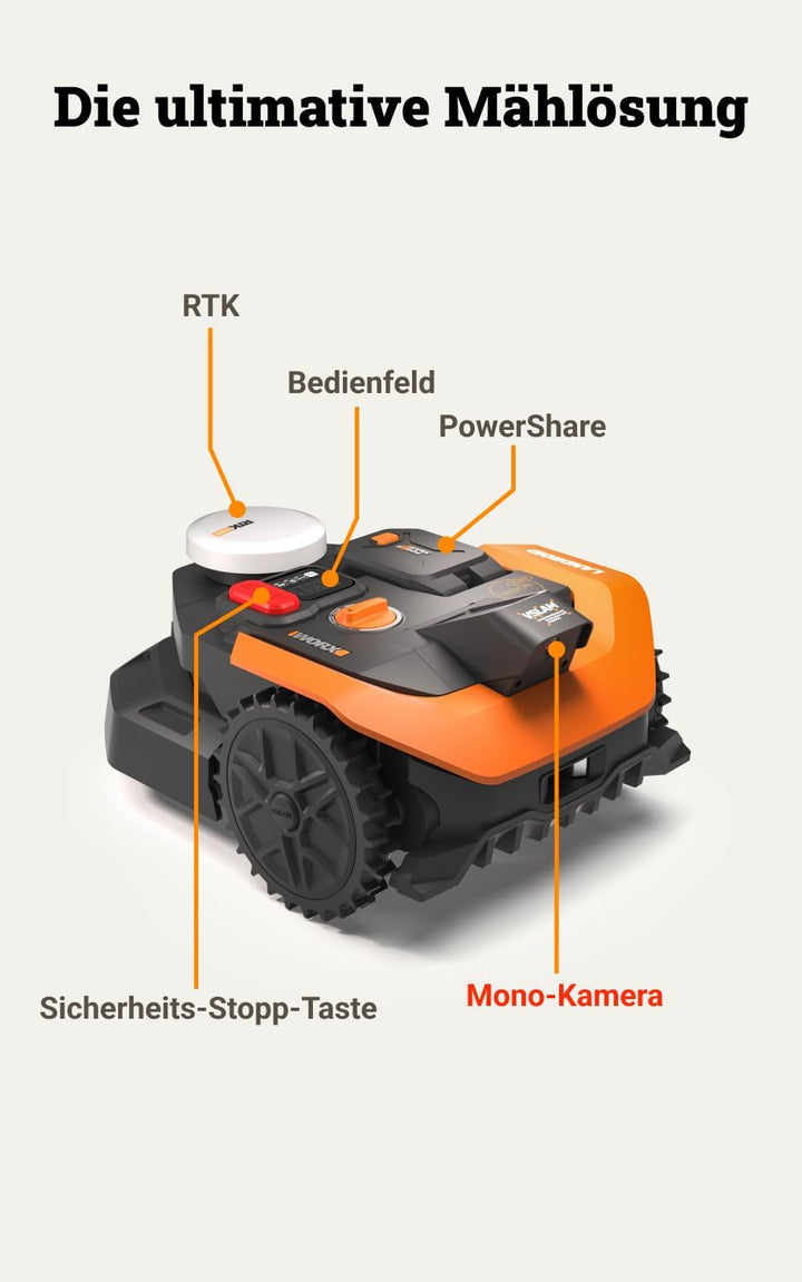 WORX Landroid Vision Cloud WR305E 2WD Mähroboter ohne Begrenzungskabel für 500 m² (KI-Hinderniserken
